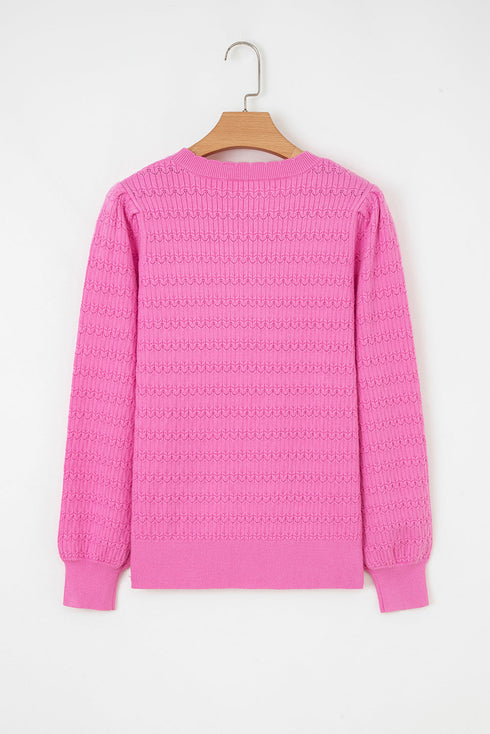 Textured Knit Puff Sleeve Crew Neck Sweater