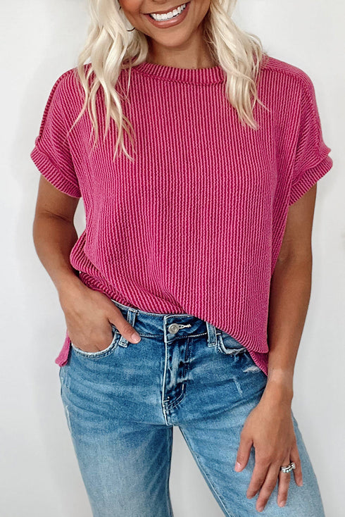 Textured Knit Relaxed Fit Cuffed Sleeve Crew Neck Tee