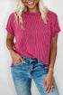 Textured Knit Relaxed Fit Cuffed Sleeve Crew Neck Tee