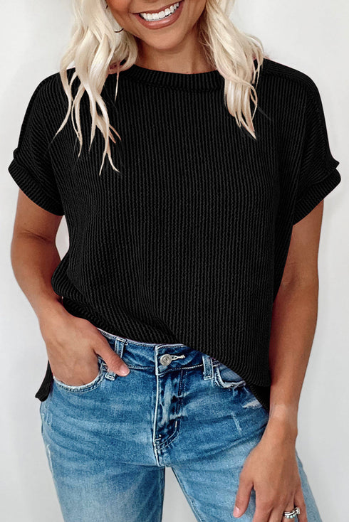 Textured Knit Relaxed Fit Cuffed Sleeve Crew Neck Tee