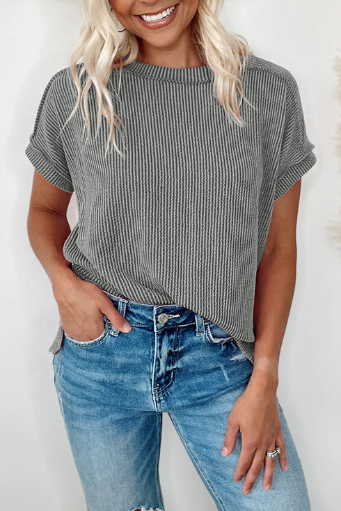 Textured Knit Relaxed Fit Cuffed Sleeve Crew Neck Tee