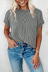 Textured Knit Relaxed Fit Cuffed Sleeve Crew Neck Tee