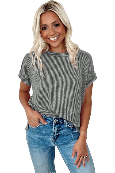 Textured Knit Relaxed Fit Cuffed Sleeve Crew Neck Tee
