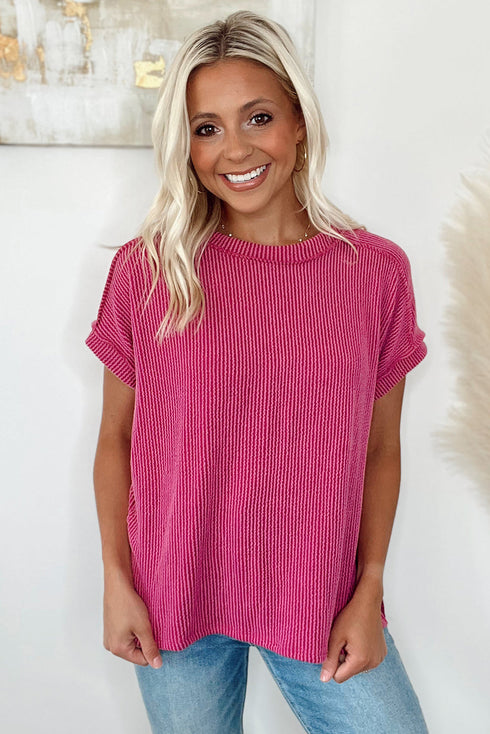 Textured Knit Relaxed Fit Cuffed Sleeve Crew Neck Tee