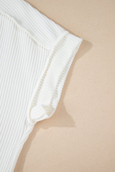 Textured Knit Relaxed Fit Cuffed Sleeve Crew Neck Tee