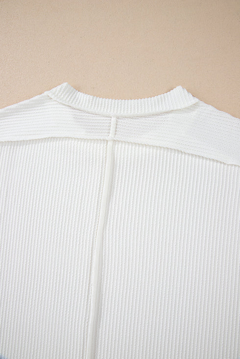 Textured Knit Relaxed Fit Cuffed Sleeve Crew Neck Tee