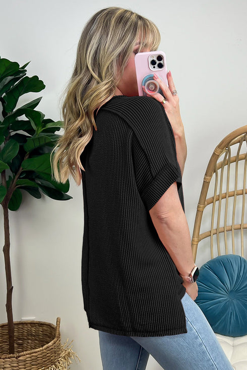 Textured Knit Relaxed Fit Cuffed Sleeve Crew Neck Tee