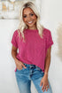 Textured Knit Relaxed Fit Cuffed Sleeve Crew Neck Tee