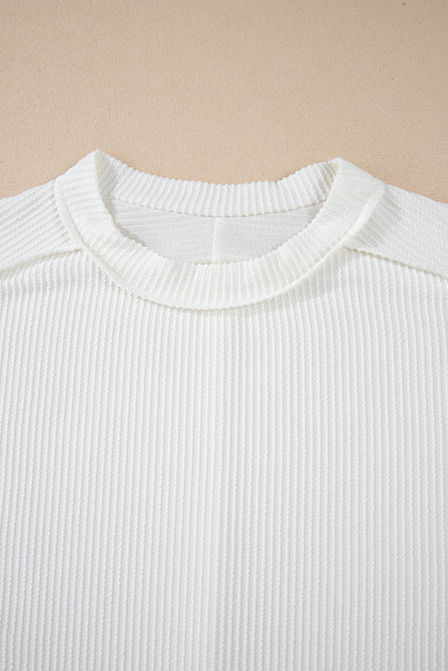 Textured Knit Relaxed Fit Cuffed Sleeve Crew Neck Tee