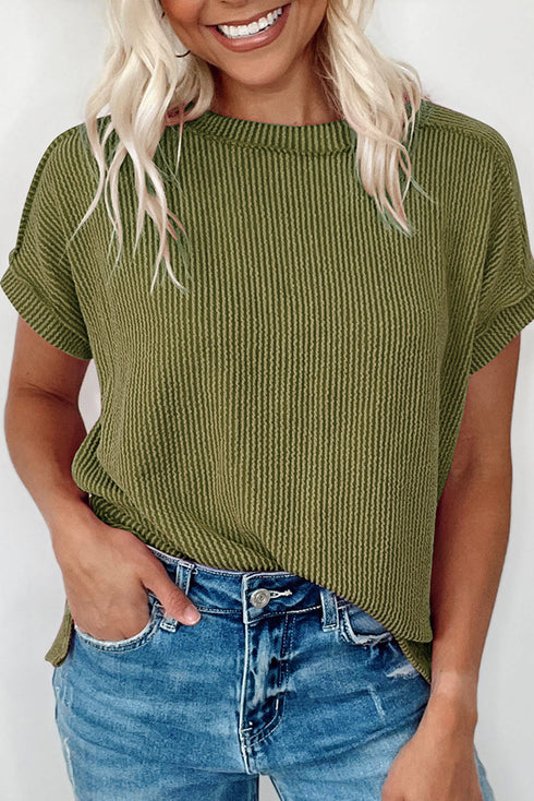Textured Knit Relaxed Fit Cuffed Sleeve Crew Neck Tee