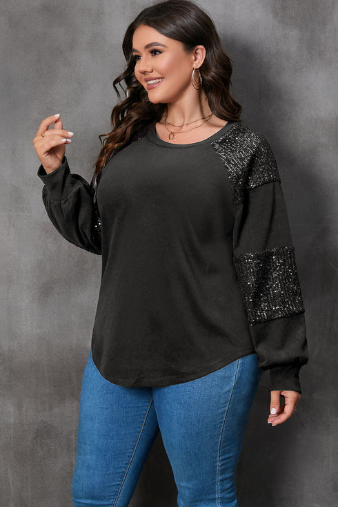 Textured Knit Sequin Patchwork Crew Neck Long Sleeve Top
