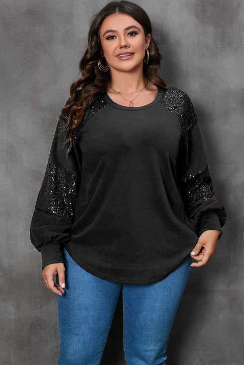 Textured Knit Sequin Patchwork Crew Neck Long Sleeve Top