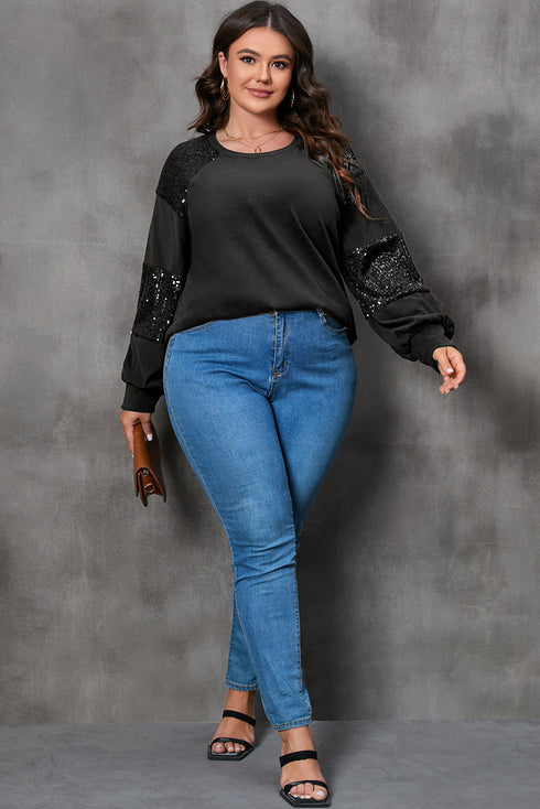Textured Knit Sequin Patchwork Crew Neck Long Sleeve Top