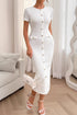 Textured Knit Short Sleeve Button Detail Bodycon Midi Dress