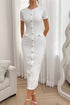 Textured Knit Short Sleeve Button Detail Bodycon Midi Dress