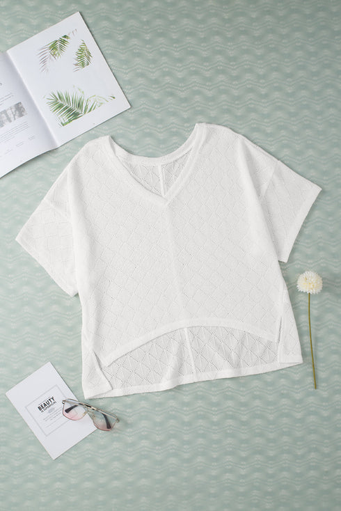 Textured Knit Short Sleeve V Neck Relaxed Blouse