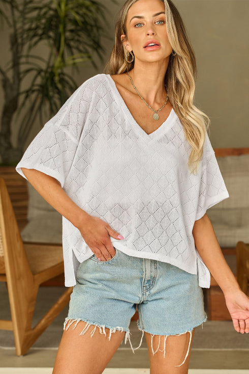 Textured Knit Short Sleeve V Neck Relaxed Blouse