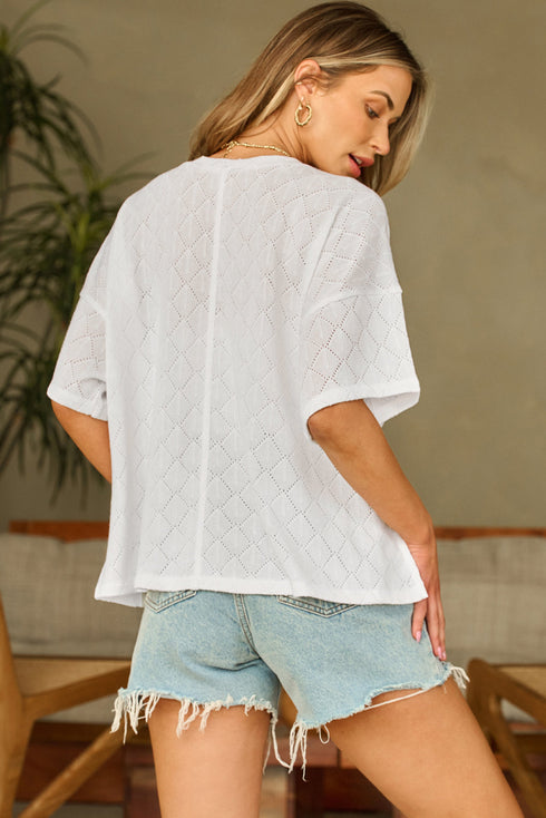 Textured Knit Short Sleeve V Neck Relaxed Blouse