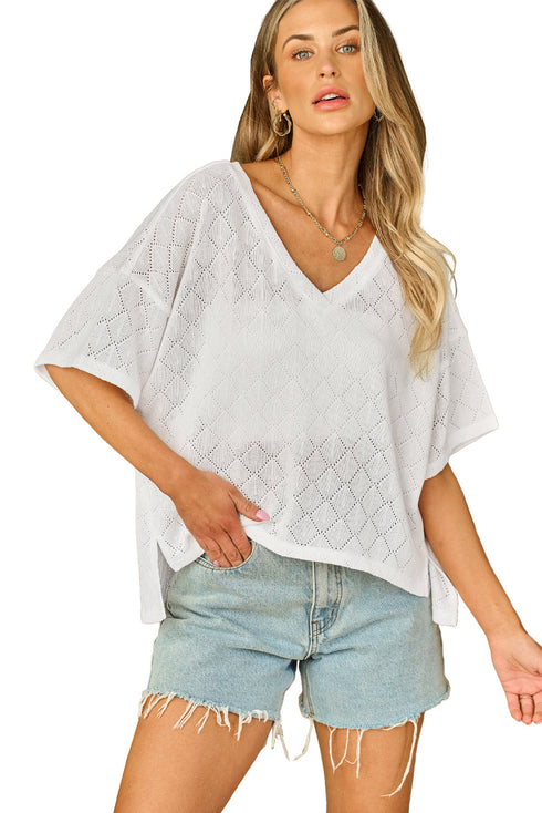 Textured Knit Short Sleeve V Neck Relaxed Blouse