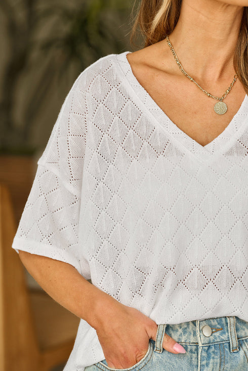 Textured Knit Short Sleeve V Neck Relaxed Blouse