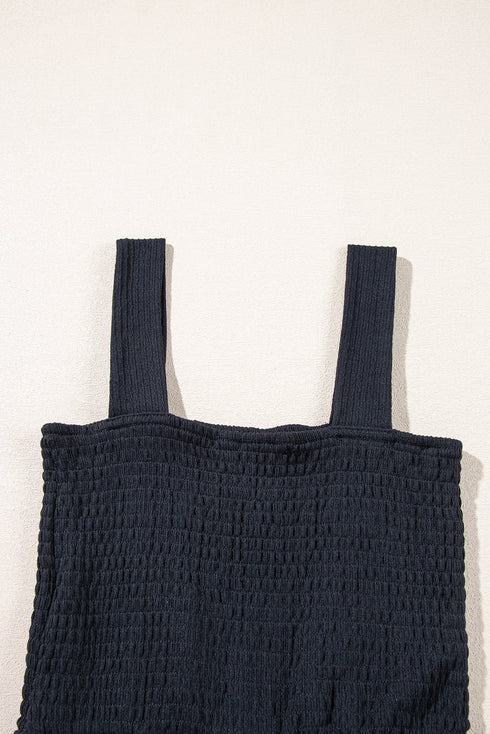 Textured Knit Smocked Square Neck Sleeveless Casual Romper