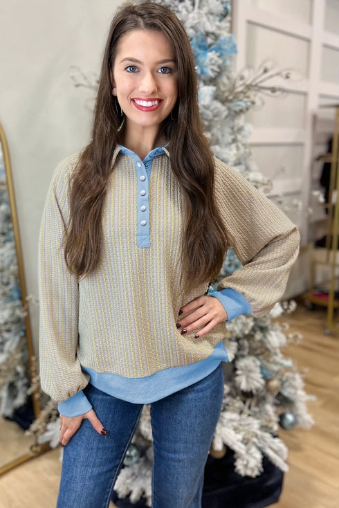 Textured Knit Snap Placket Banded Hem Pullover