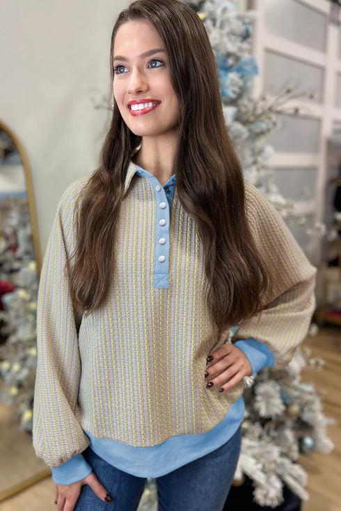 Textured Knit Snap Placket Banded Hem Pullover