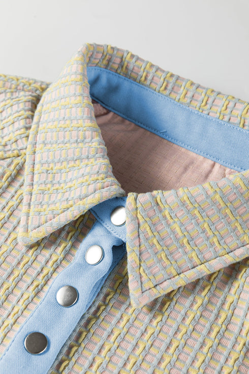 Textured Knit Snap Placket Banded Hem Pullover