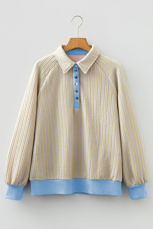 Textured Knit Snap Placket Banded Hem Pullover