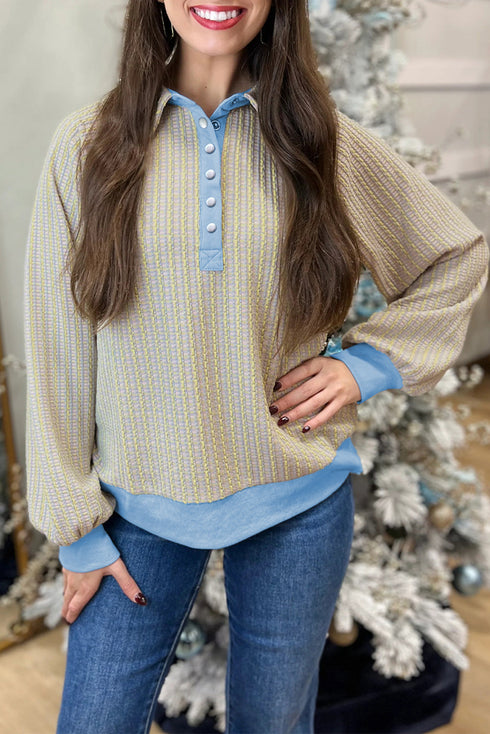 Textured Knit Snap Placket Banded Hem Pullover