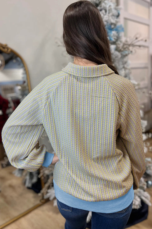 Textured Knit Snap Placket Banded Hem Pullover