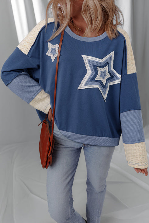 Textured Knit Star Patchwork Long Sleeve Pullover Top