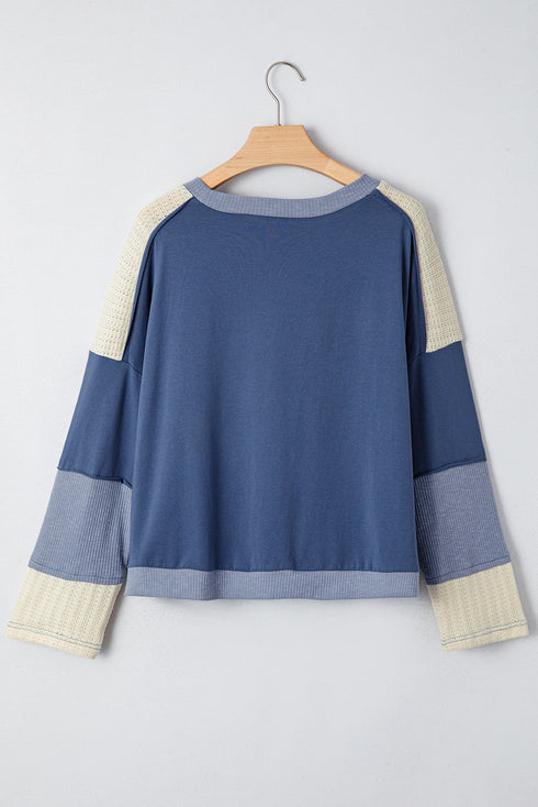 Textured Knit Star Patchwork Long Sleeve Pullover Top