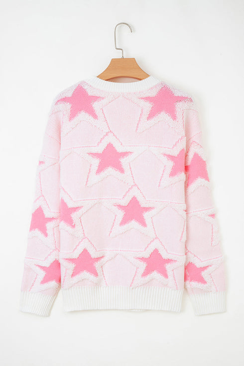 Textured Knit Star Print Crew Neck Sweater