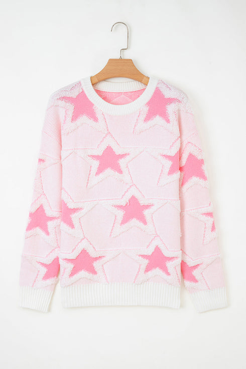 Textured Knit Star Print Crew Neck Sweater