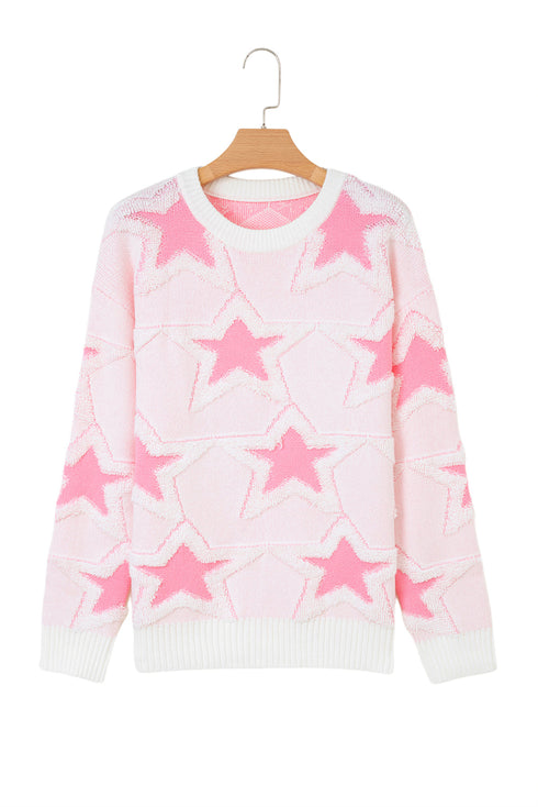 Textured Knit Star Print Crew Neck Sweater