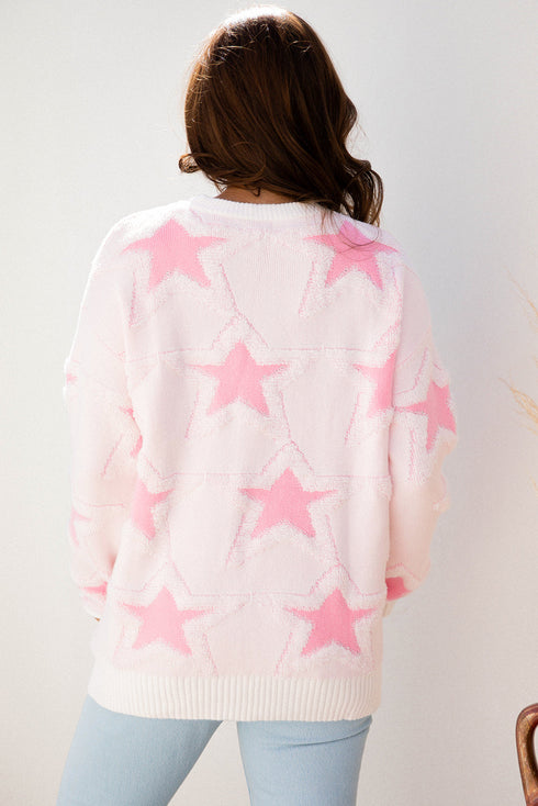 Textured Knit Star Print Crew Neck Sweater