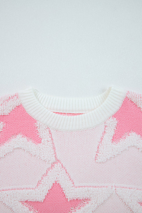 Textured Knit Star Print Crew Neck Sweater