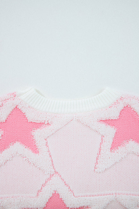 Textured Knit Star Print Crew Neck Sweater