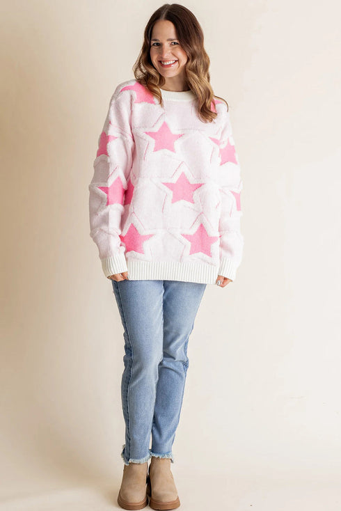 Textured Knit Star Print Crew Neck Sweater