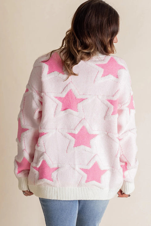 Textured Knit Star Print Crew Neck Sweater