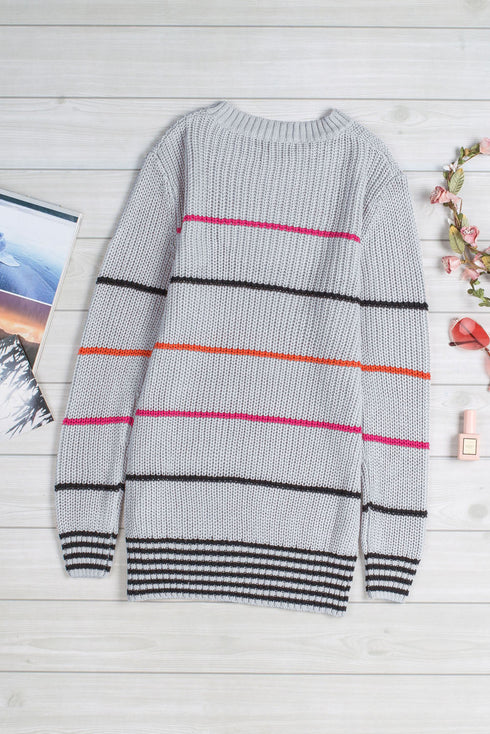 Textured Knit Stripe Crew Neck Tunic Sweater