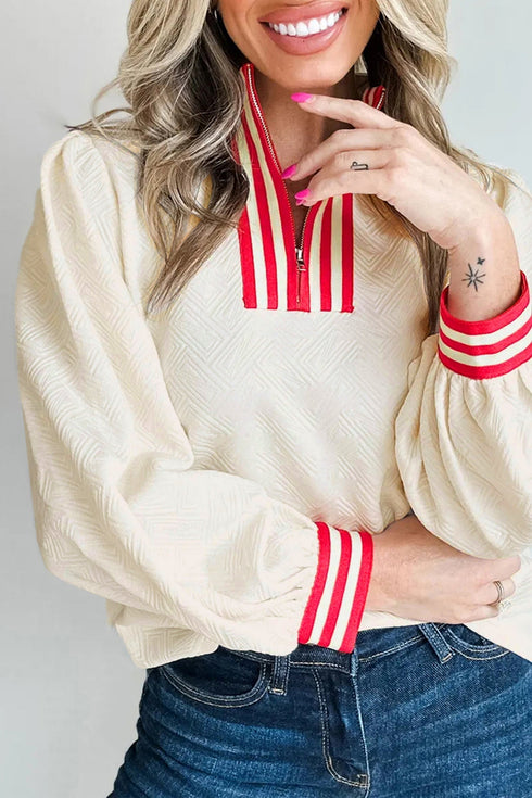 Textured Knit Striped Accent Zipped Collar Pullover Top