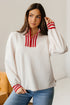 Textured Knit Striped Accent Zipped Collar Pullover Top