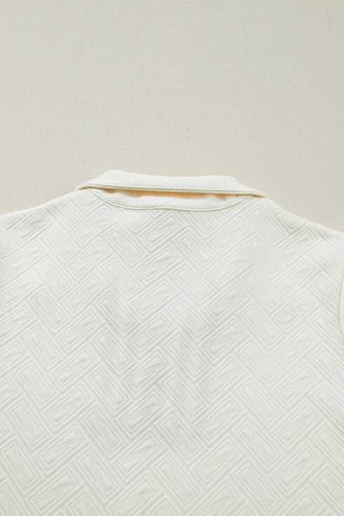 Textured Knit Striped Accent Zipped Collar Pullover Top