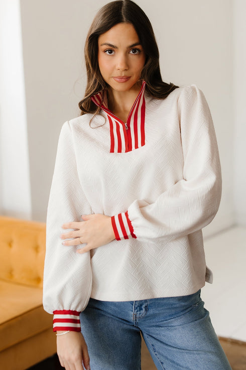 Textured Knit Striped Accent Zipped Collar Pullover Top