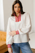 Textured Knit Striped Accent Zipped Collar Pullover Top