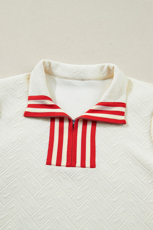 Textured Knit Striped Accent Zipped Collar Pullover Top