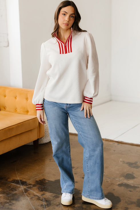 Textured Knit Striped Accent Zipped Collar Pullover Top