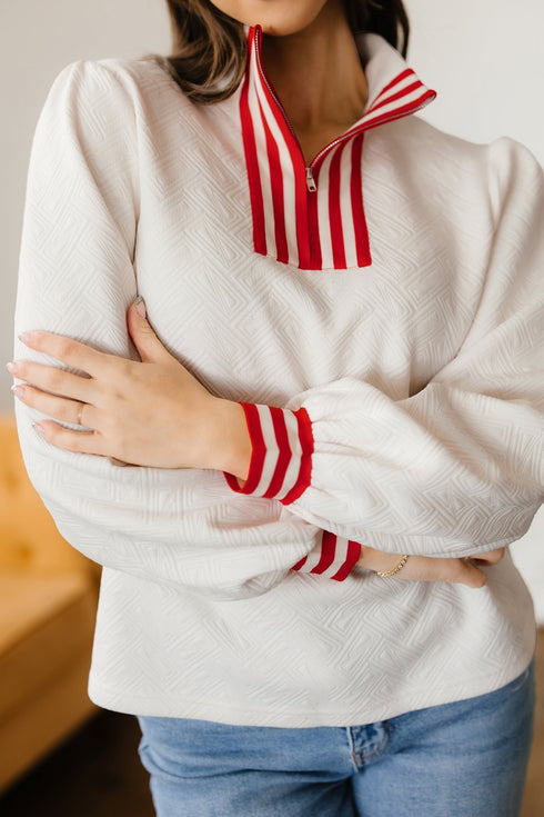 Textured Knit Striped Accent Zipped Collar Pullover Top